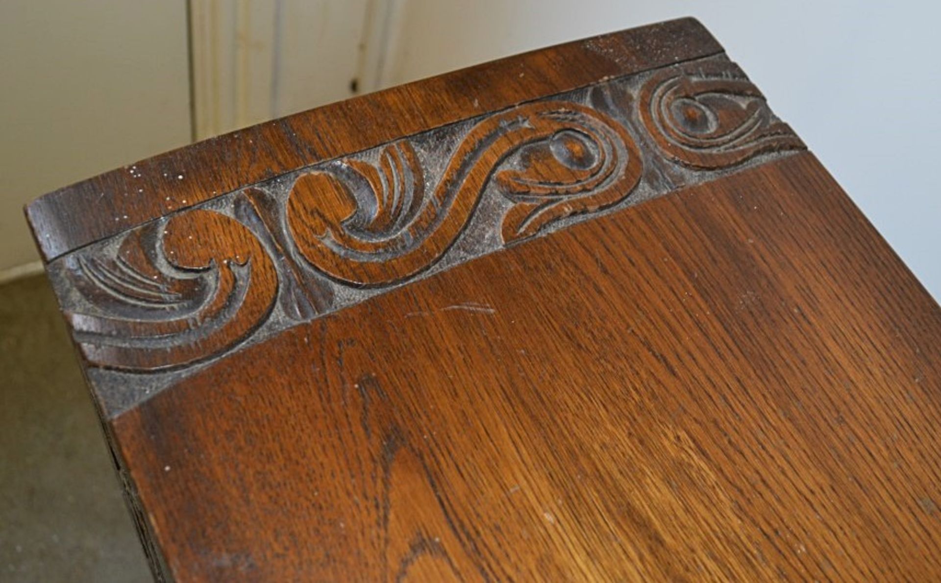 1 x Vintage Drop Leaf Solid Wood Table With Carved Floral Decoration - From A Grade II Listed Hall - Image 4 of 9