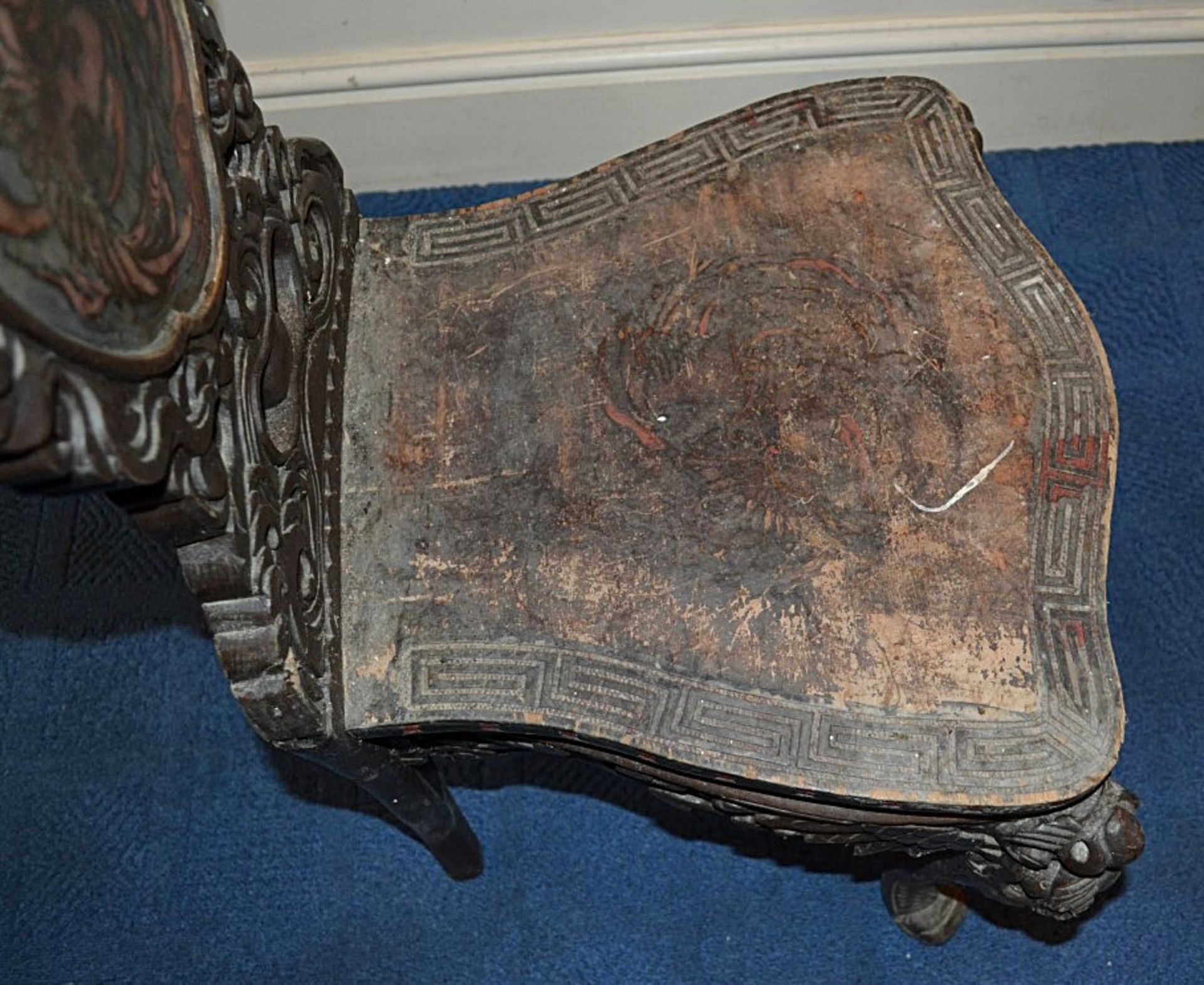 1 x Handcarved Antique Solid Wood Chinese Chair - Featuring Carved Dragons And Inlayed Design On - Image 4 of 6