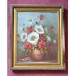 1 x Original Oil On Canvas Painting Depicting Flowers In A Vase - Signed By C. Tombey - Framed /