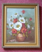 1 x Original Oil On Canvas Painting Depicting Flowers In A Vase - Signed By C. Tombey - Framed /
