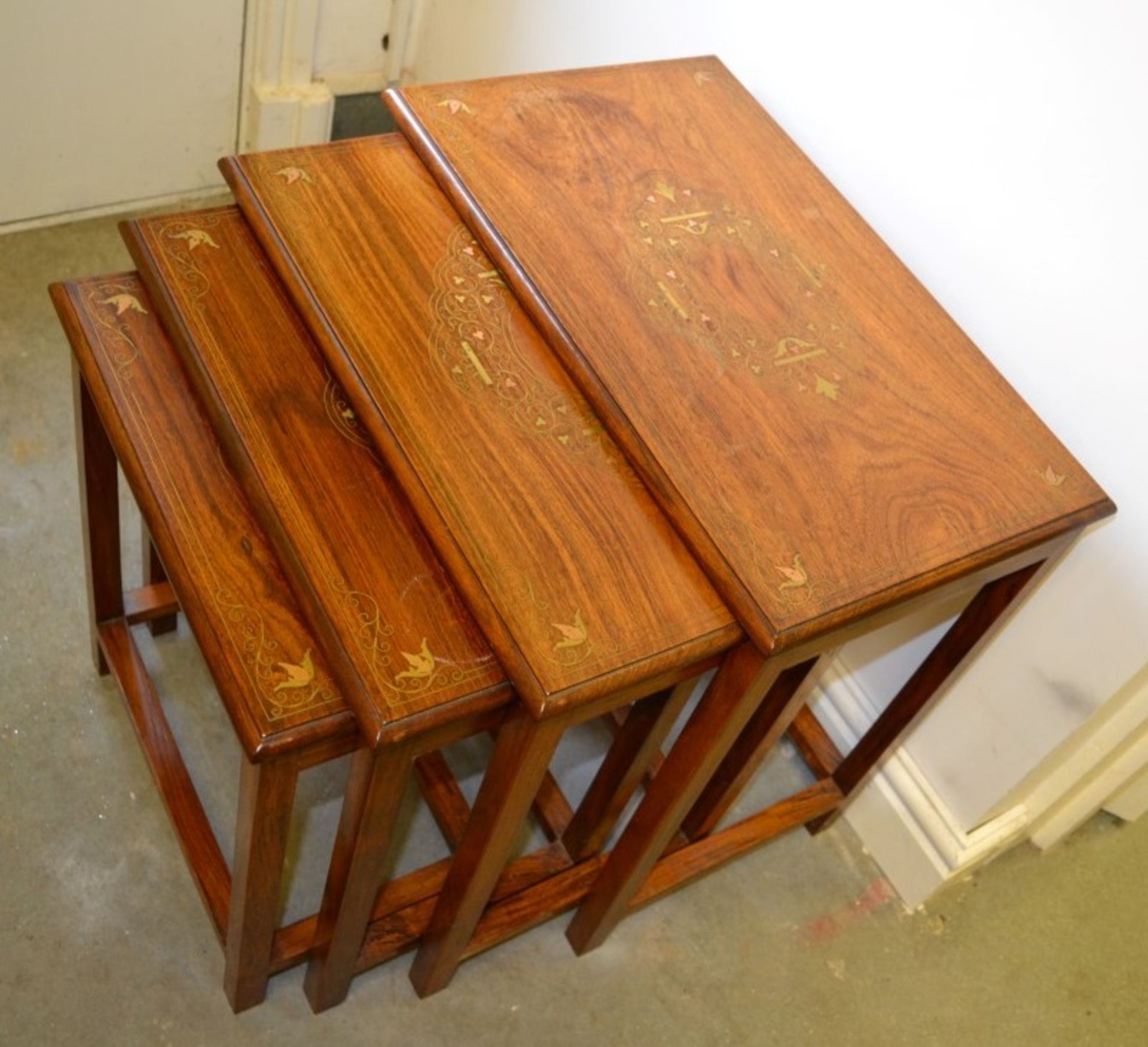 Nest Of 4 x Vintage Solid Mahogany Tables Featuring Attractive Brass Inlay - From A Grade II - Image 2 of 7