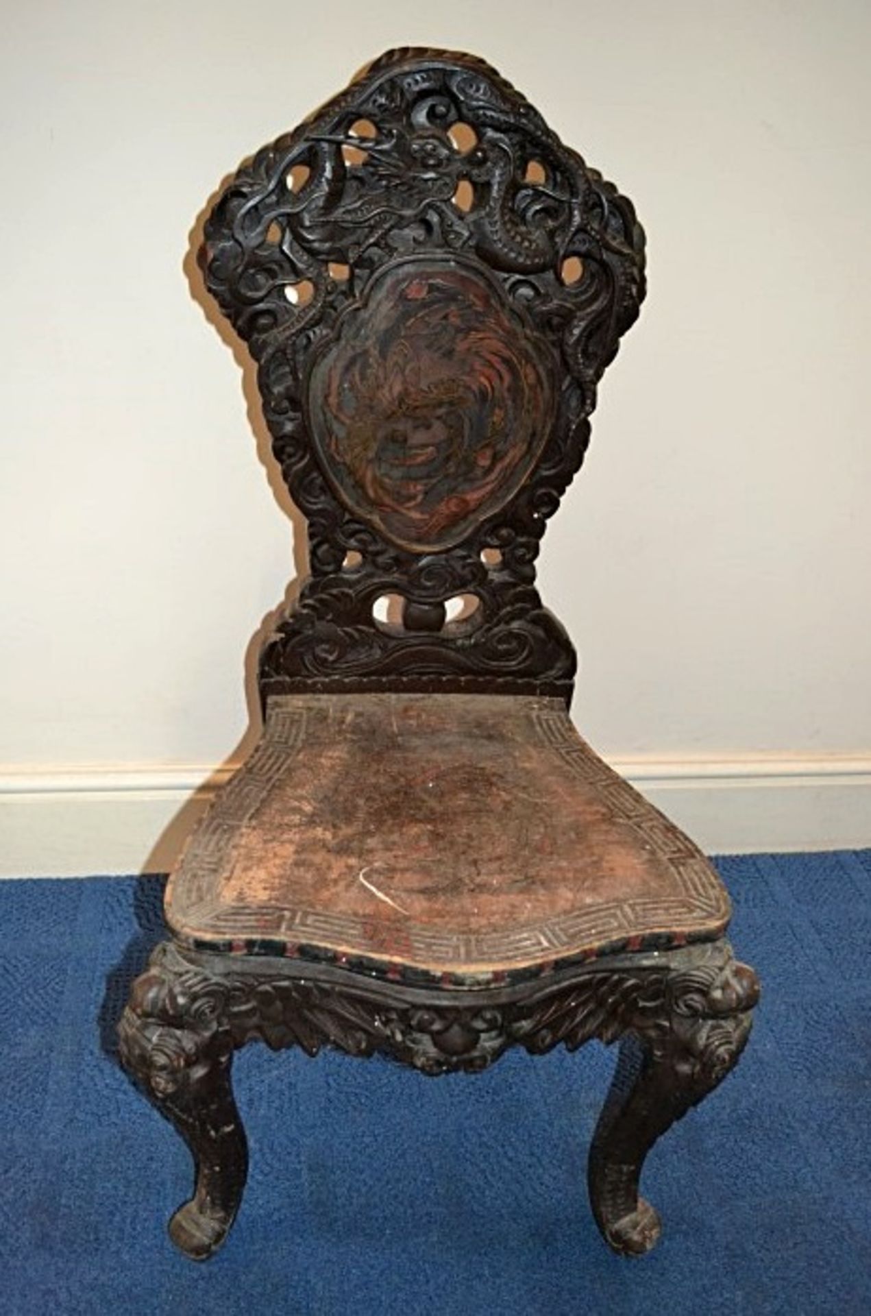 1 x Handcarved Antique Solid Wood Chinese Chair - Featuring Carved Dragons And Inlayed Design On