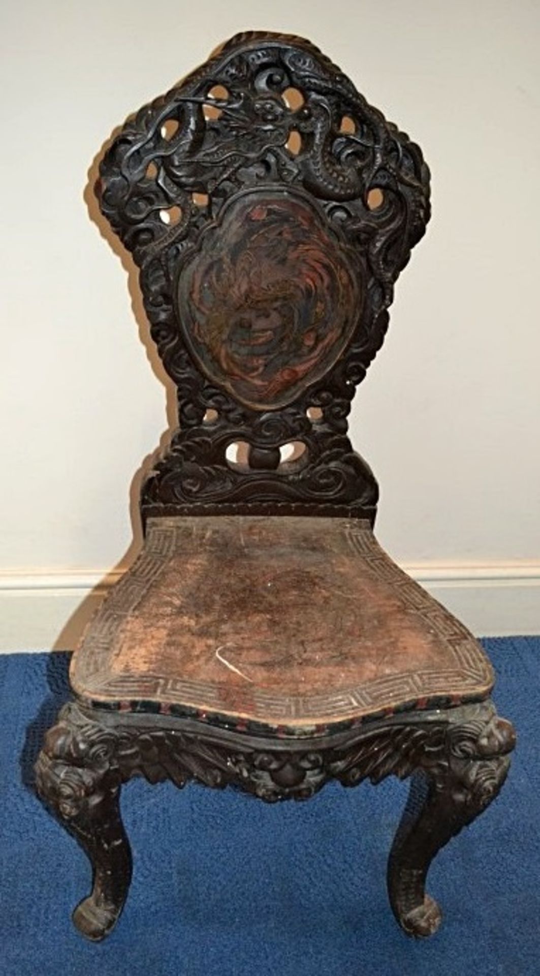 1 x Handcarved Antique Solid Wood Chinese Chair - Featuring Carved Dragons And Inlayed Design On - Image 6 of 6