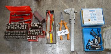 Selection of Tools Consisting of Hand Stamps, Machine Taps, Drill Bits, Measuring Tool, Epoxyharz