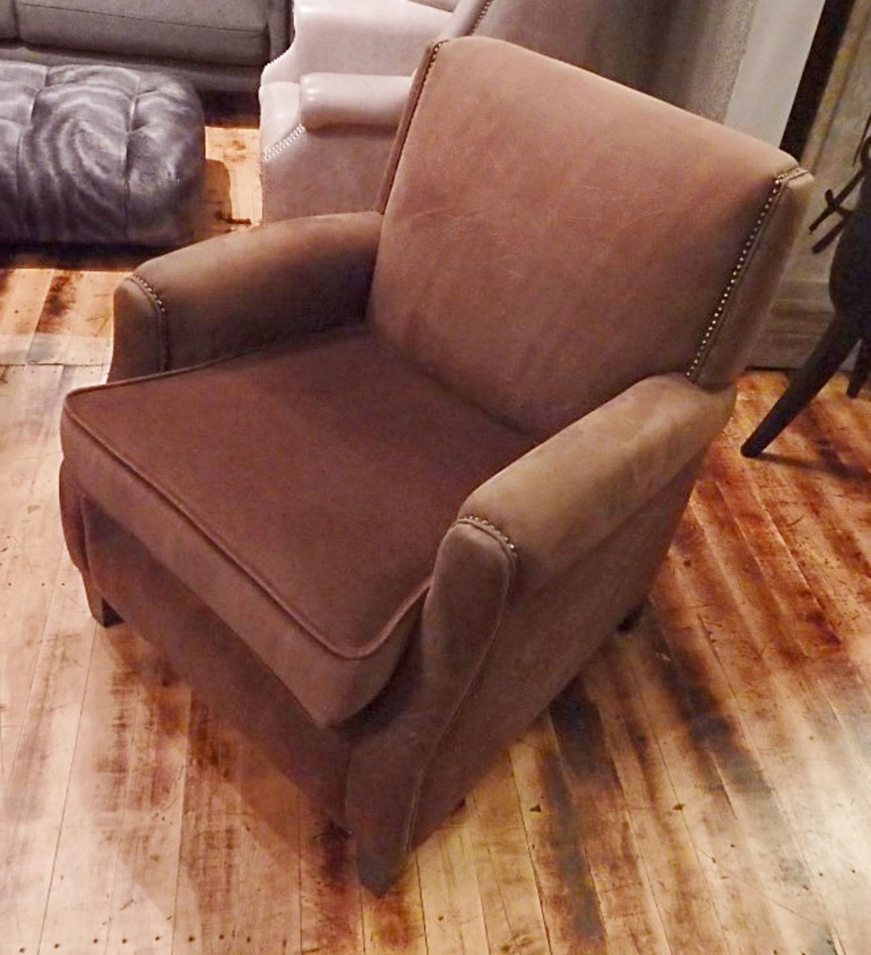 1 x Bespoke Brown Leather & Chenille Armchair - Expertly Built And Upholstered By British - Image 2 of 5