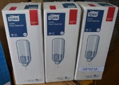 3 x Tork S1 White Elevation Liquid Soap Dispensers - Brand New Stock - CL185 - Ref DRT0216 -