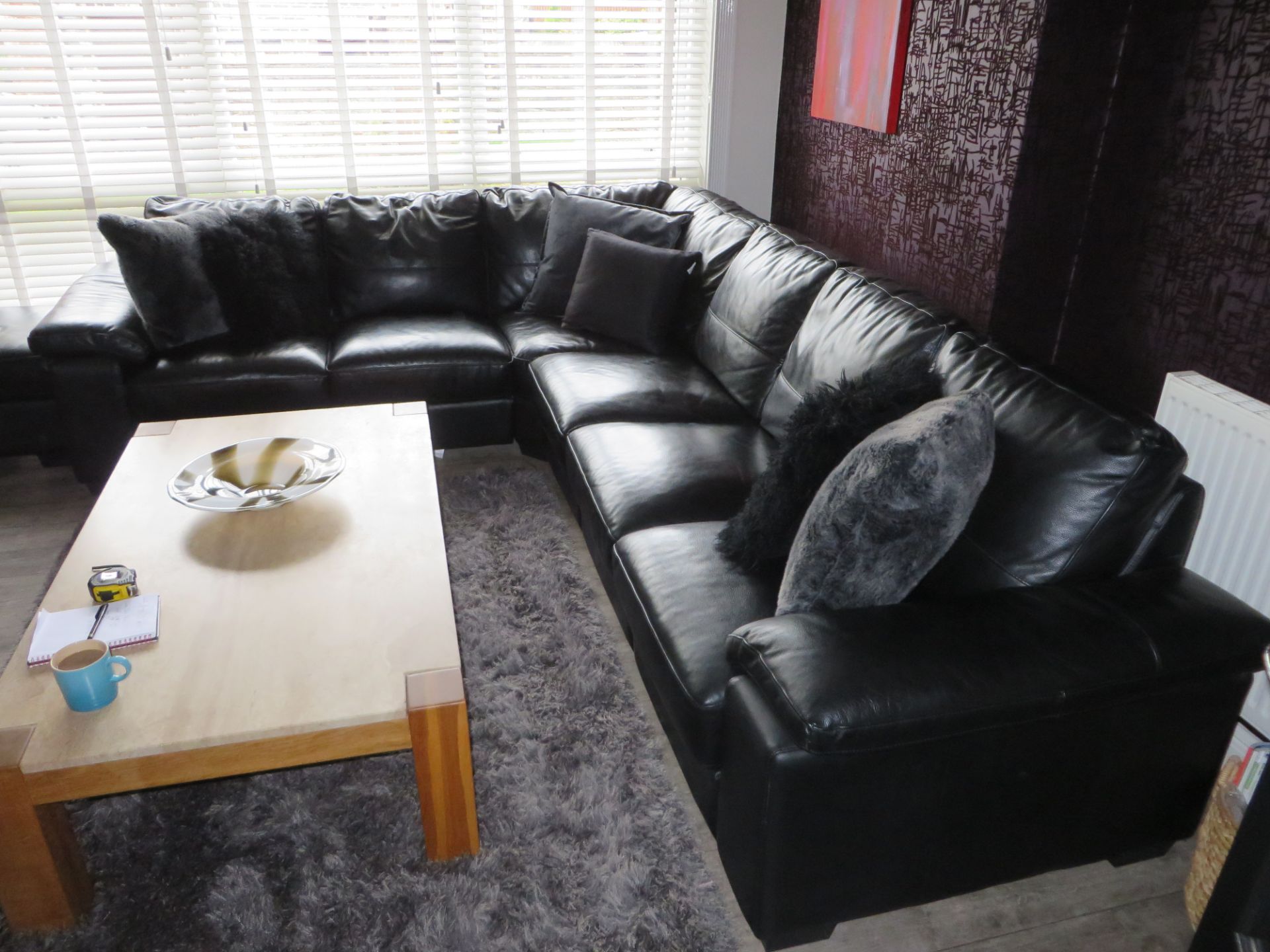 1 x Large Black Leather DFS Corner Sofa with 1 x Pouffe- Excellent Condition - Over £4000 new