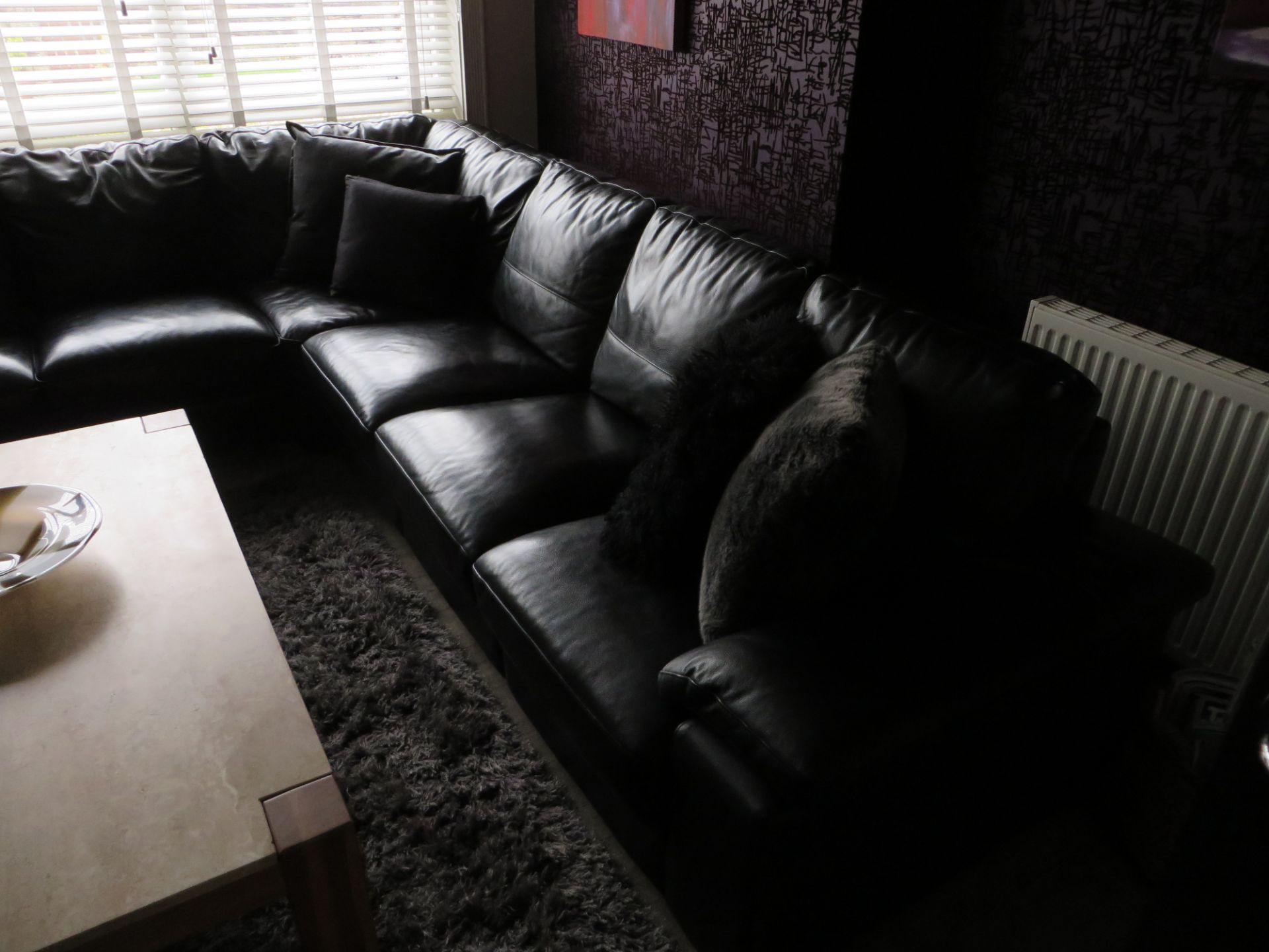 1 x Large Black Leather DFS Corner Sofa with 1 x Pouffe- Excellent Condition - Over £4000 new - Image 3 of 17