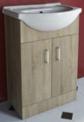 1 x Sienna Oak 650mm 2 Door Vanity Unit With Ceramic Sink Basin - Unused Stock - Oak Finish Bathroom