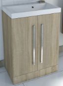 1 x Drift Oak 660mm 2 Door Vanity Unit With Ceramic Sink Basin - Unused Stock - Oak Finish