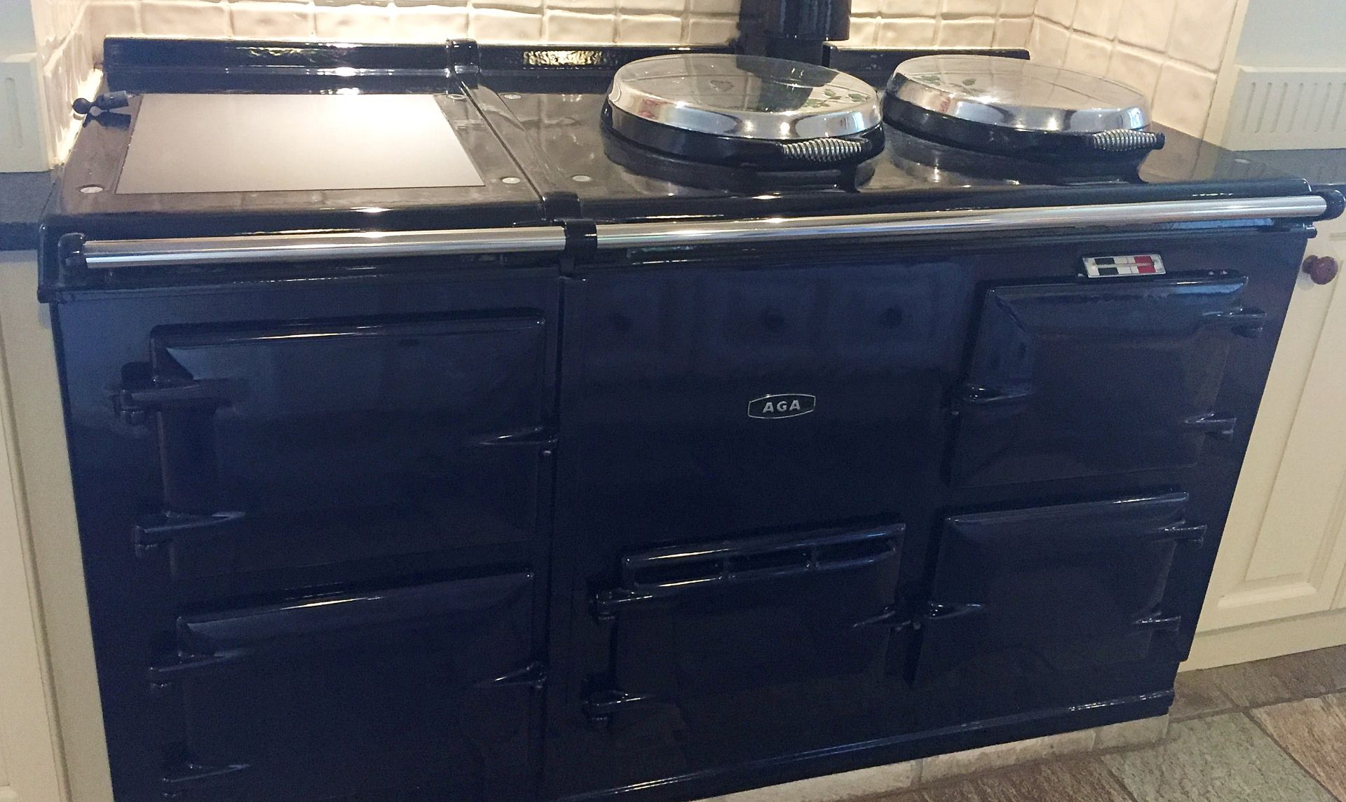 1 x Aga 4-Oven, 3-Plate Dual-Fuel Range Cooker - Cast Iron With Navy Enamel Finish With A Black