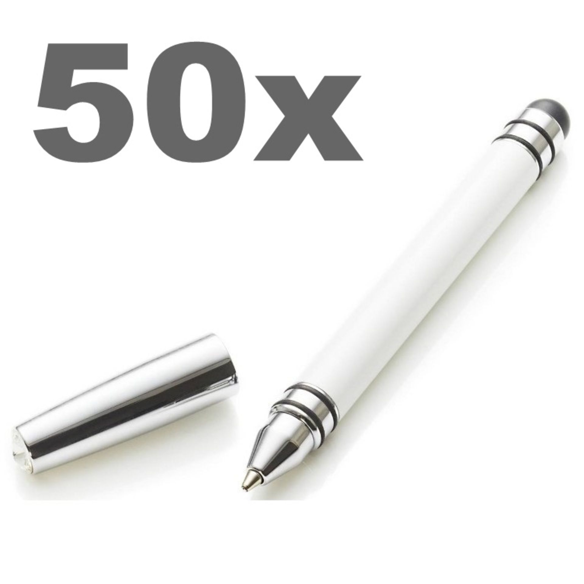 50 x ICE LONDON App Pen Duo - Touch Stylus And Ink Pen Combined - Colour: WHITE - MADE WITH