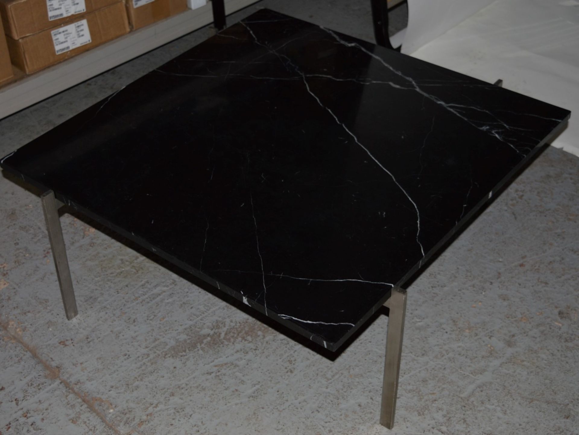 1 x Contemporary Faux Marble Coffee Table With Satin Chrome Frame - Black Faux Marble Full of