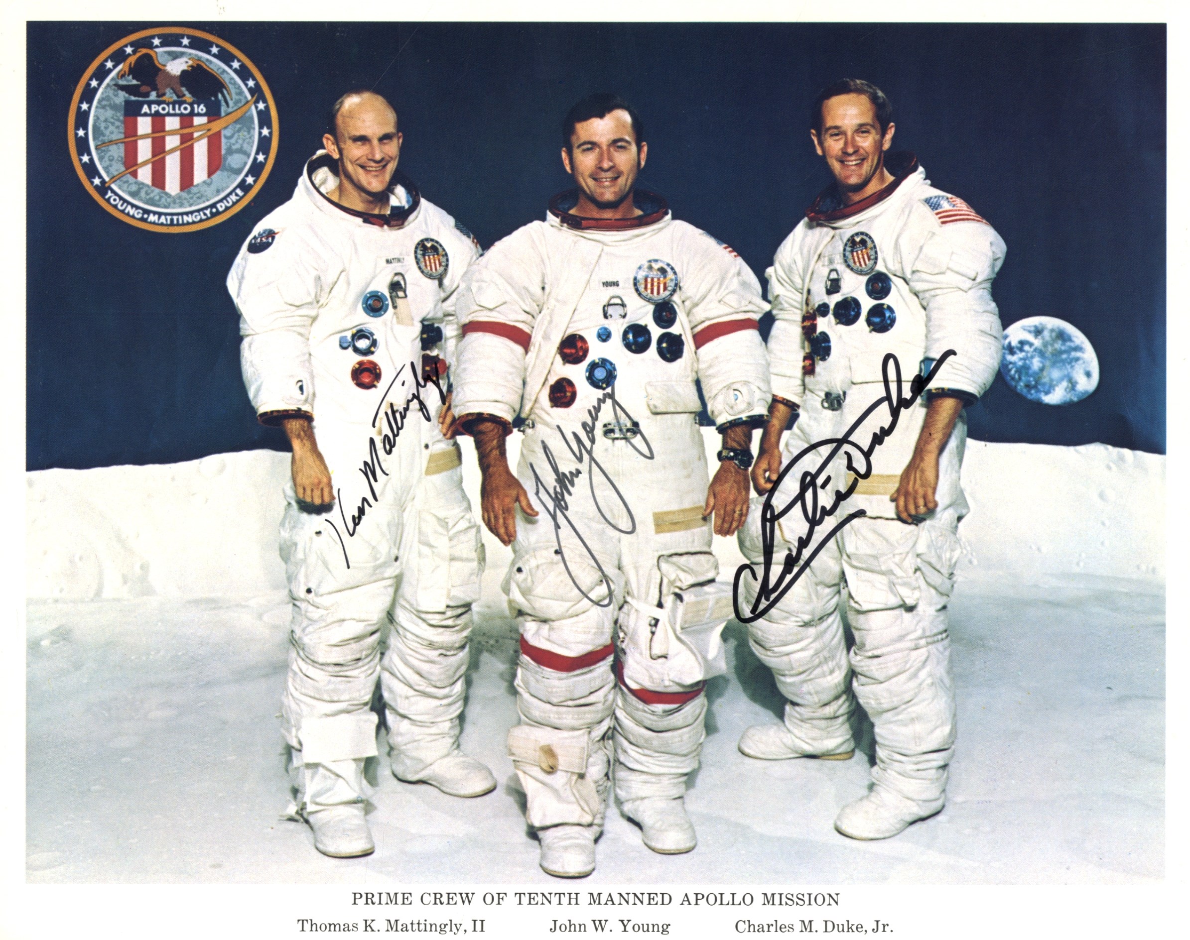 APOLLO XVI: A good signed colour 10 x 8 photograph by the three crew members of Apollo XVI