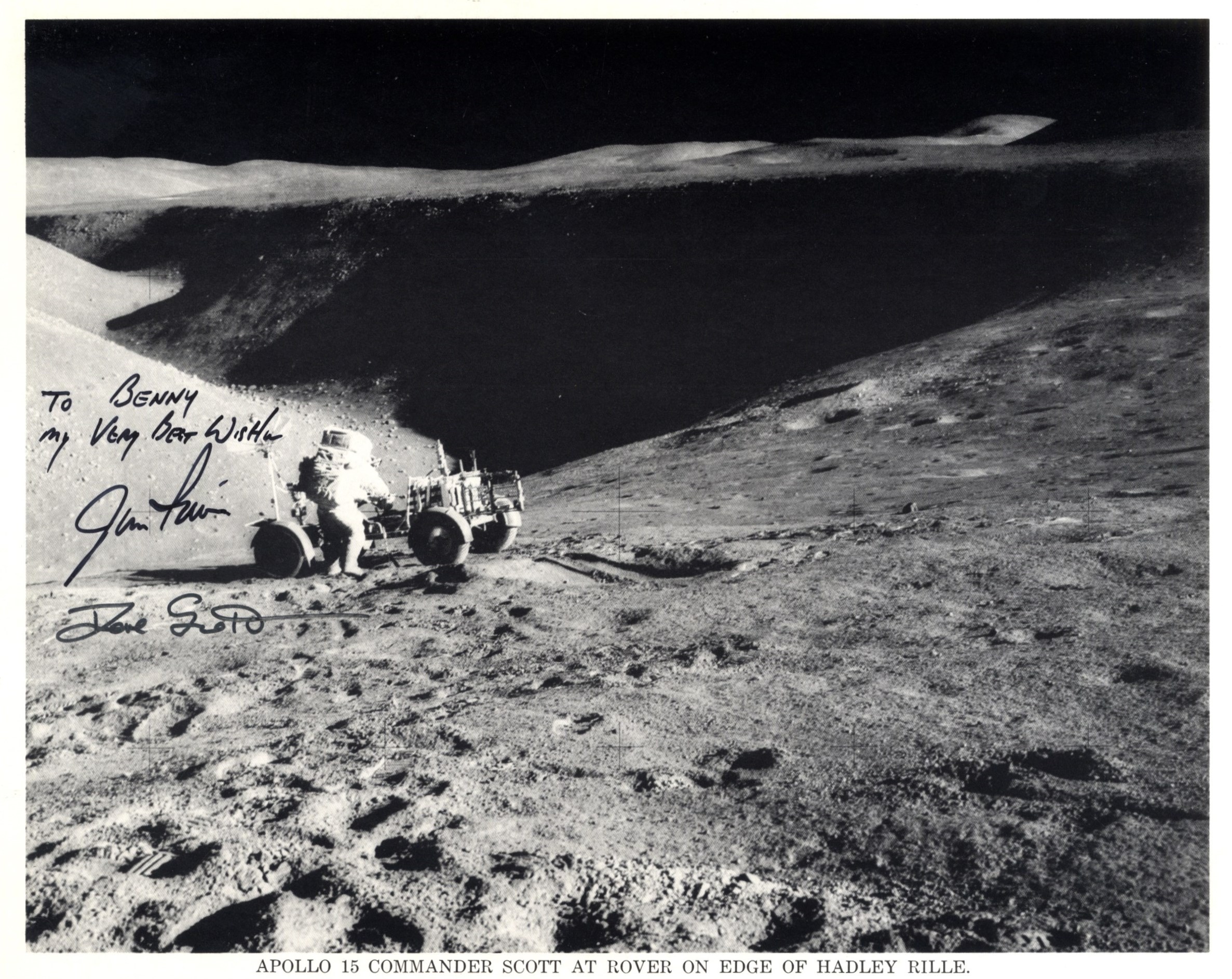 APOLLO XV: A good signed and inscribed 10 x 8 photograph by the two moon walking crew members of