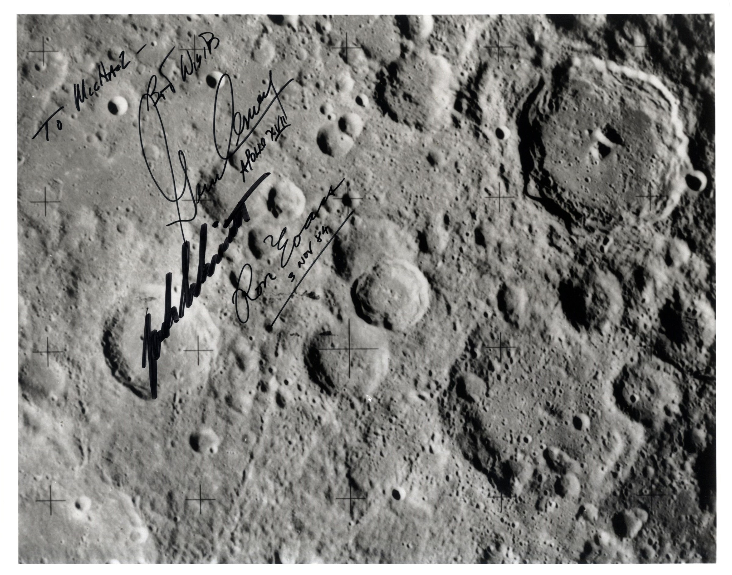 APOLLO XVII: Signed and inscribed 10 x 8 photograph by all three crew members of Apollo XVII