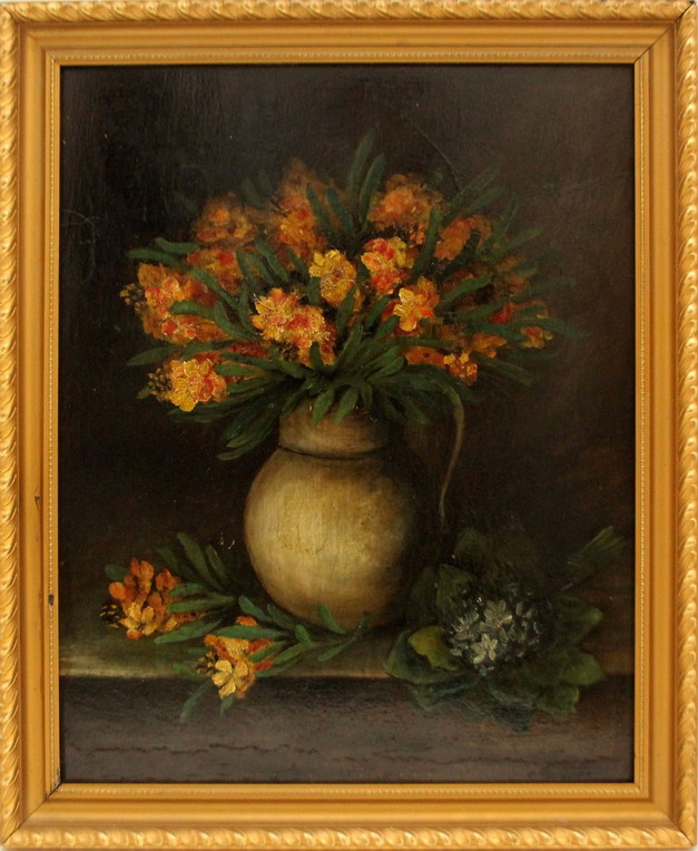 Mazzo di fiori in vaso, olio su faesite, scuola inglese dell'800 cm. 31x39