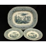 Piatto da portata e due piatti fondi decorati a paesaggio monocromo in ceramica Italia 1880 circa