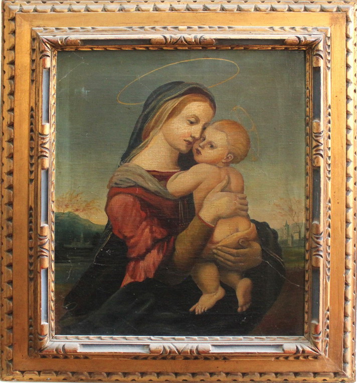 Madonna con bambino, scuola Italiana dell'800, olio su tela, cm. 41x50, cornice coeva