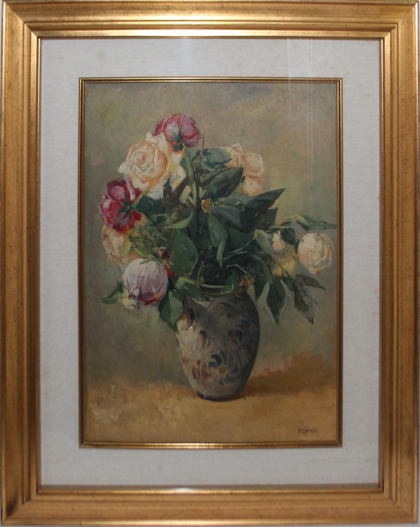 Rose in vaso, Mario Capuzzo (Badia Polesine 2/6/1902 - 1972 Codigoro), olio su faesite, cm. 50x70