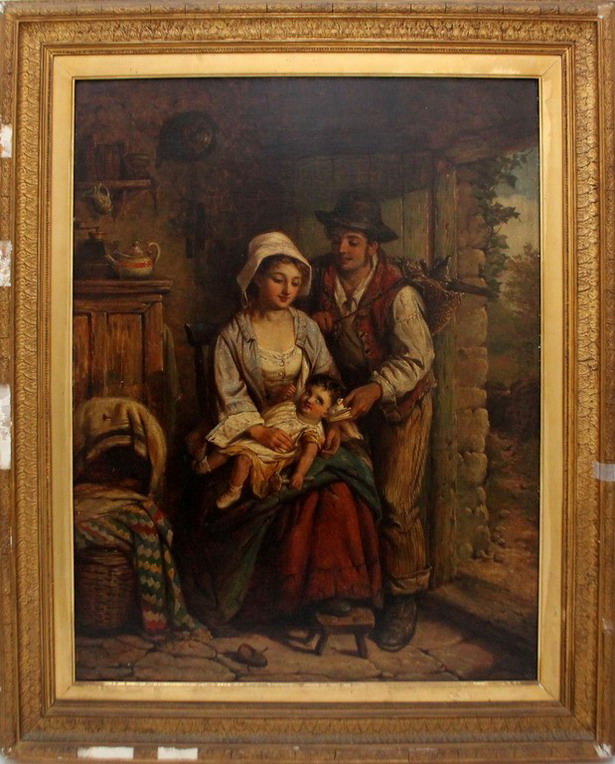 Scena familiare, olio su tela firmato a sinistra, F.G.Kamoning scuola Inglese dell'800 cm.70x92