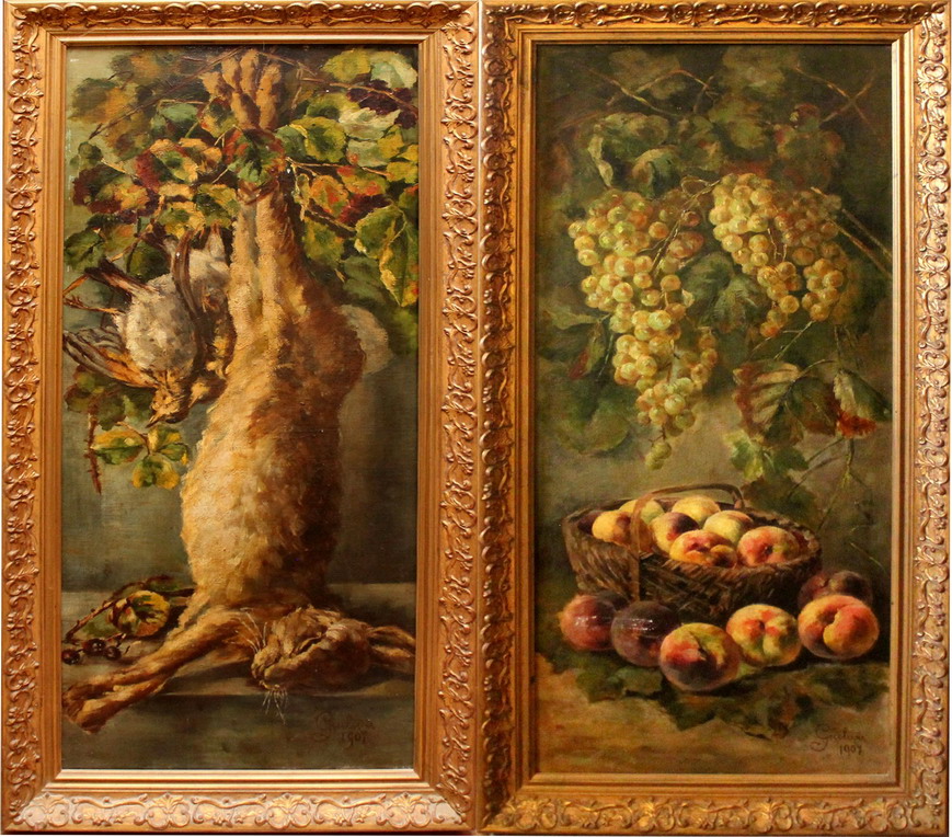 Natura morta con frutta e selvaggina, coppia di dipinti, Giuliani 1907, olio su tela, cm. 35x88,