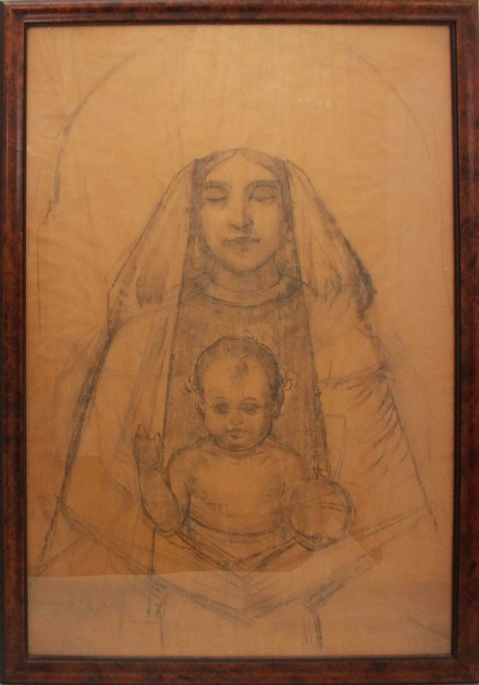 Madonna col bambino, bozzetto carboncino su carta non firmato attribuito a Mario Moretti Foggia, cm.