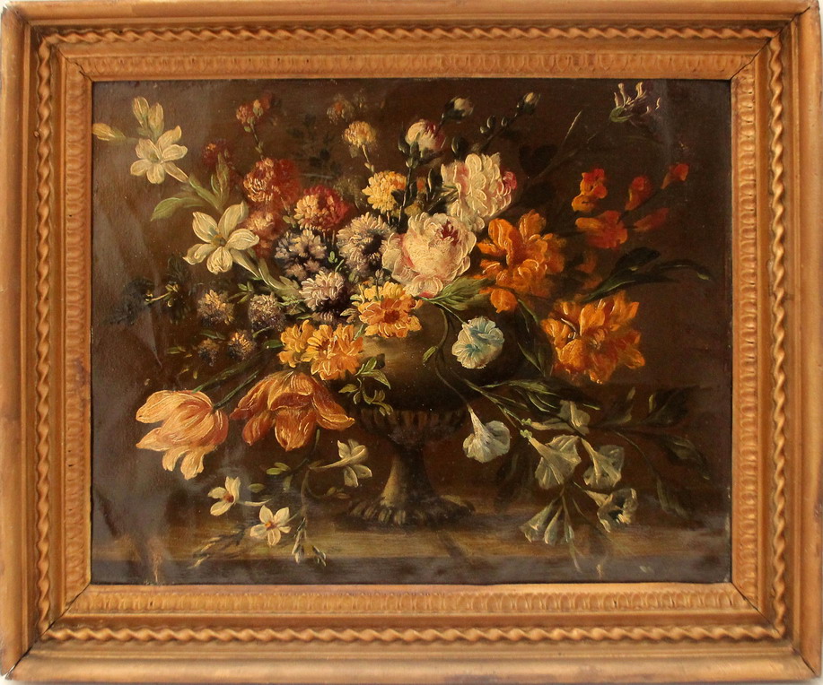 Trionfo di fiori in vaso, olio su lastra di metallo, scuola italiana dell'800 cm. 50x40 cornice