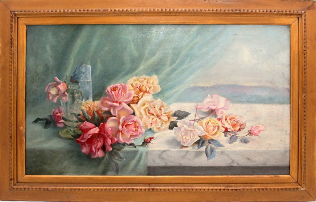 Rose su davanzale affacciato sul mare, olio su tela, cm. 74x44, primi'900