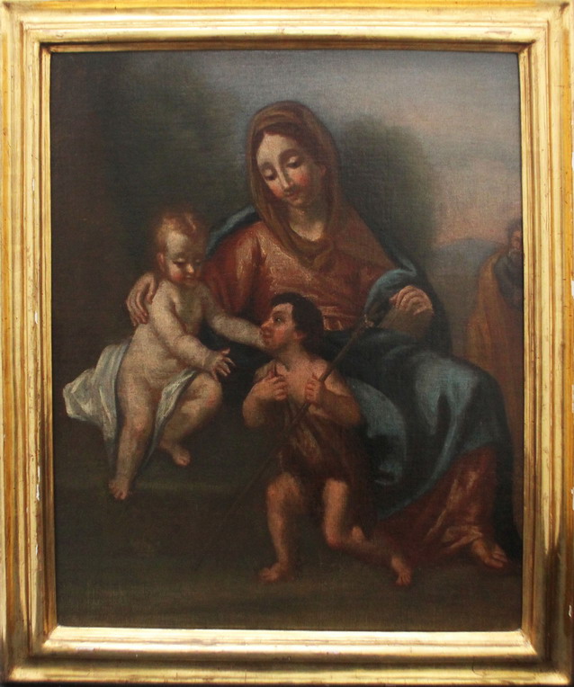 Madonna col bambino e San Giovannino, olio su tela scuola Italiana del '600 cm. 60x70 cornice del