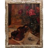 Natura morta con violino e fiori, olio su faesite cm. 53,5x63,5 Vasco C. Lucarti? Primi '900 cornice