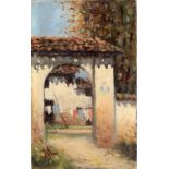 Scorcio di casa rurale, olio cartoncino telato cm. 11,5x19. V. Massa Collegara Agosto 1897