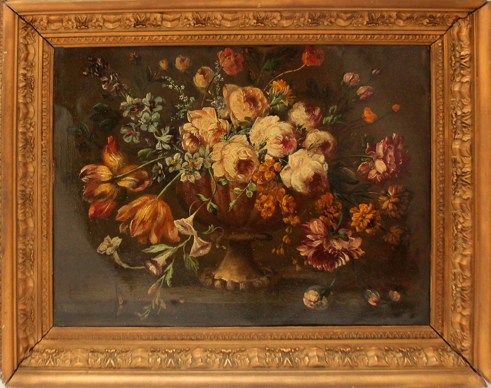 Trionfo di fiori in vaso, olio su lastra di metallo, scuola italiana dell'800 cm. 50x40 cornice