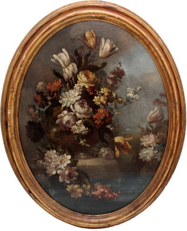 Trionfo di fiori in vaso, olio su tela cm. 62x81 fine'800 cornice coeva