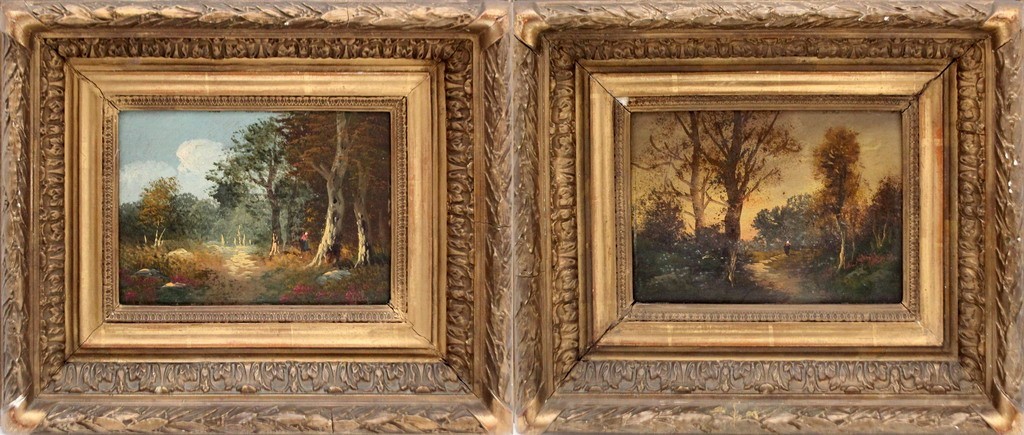 Paesaggio con figure, coppia di dipinti olio su tavoletta cm. 22x16, Scuola Inglese dell'800 cornice