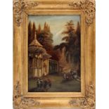 Paesaggio orientale con figure, olio su cartoncino cm. 28x36, cornice coeva