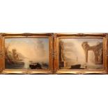 Paesaggi con figure, coppia di dipinti olio su tela maestro italiano del '700 cm.86x76 cornice in
