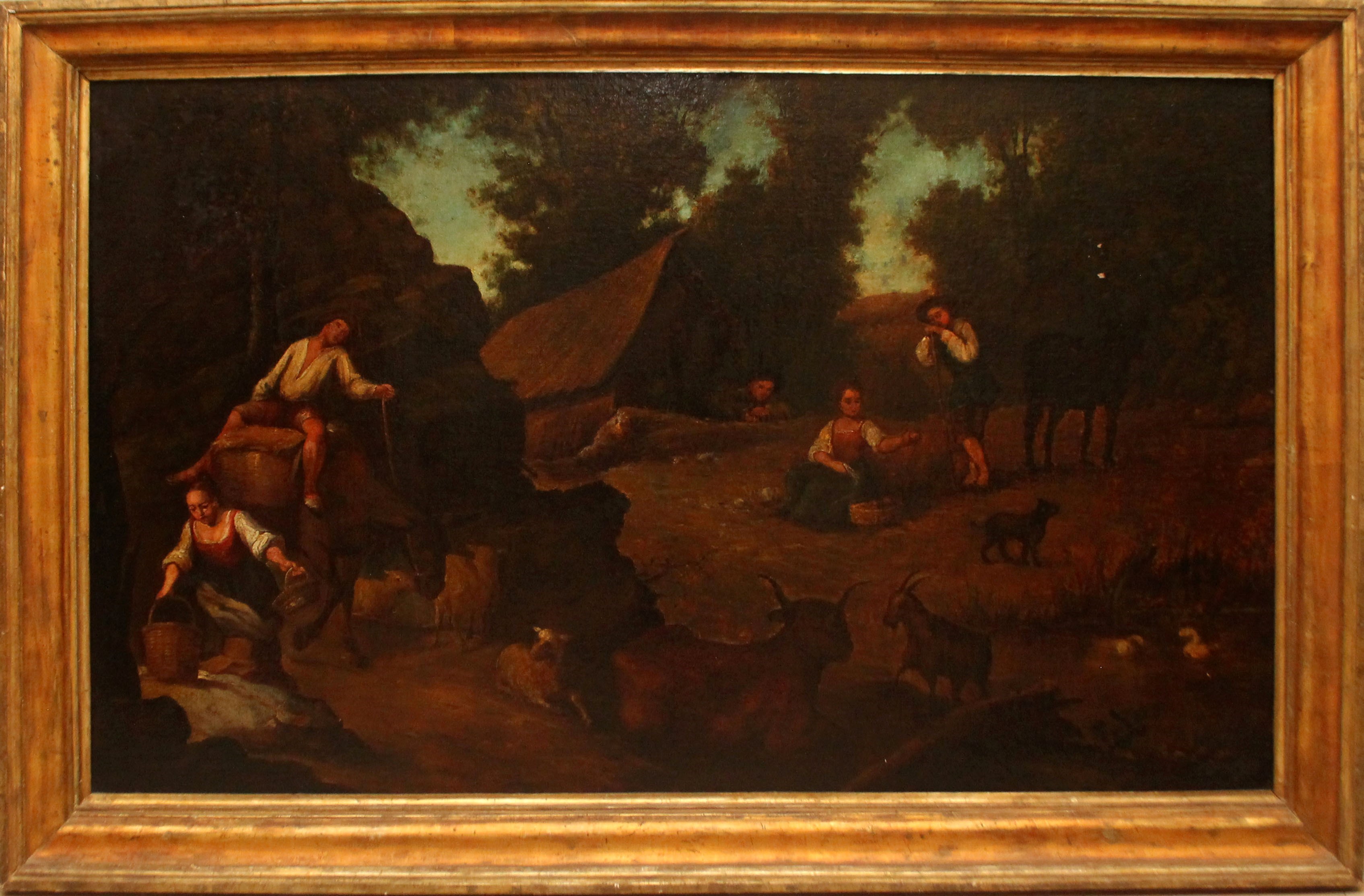 Scena campestre, scuola fiamminga del '700, olio su tela, cm. 112x85 cornice coeva a mecca