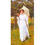 Giovane donna con ombrellino, Fabio Fabbi (Bologna 18/7/1861 - 1946), olio su tela, cm. 25x45