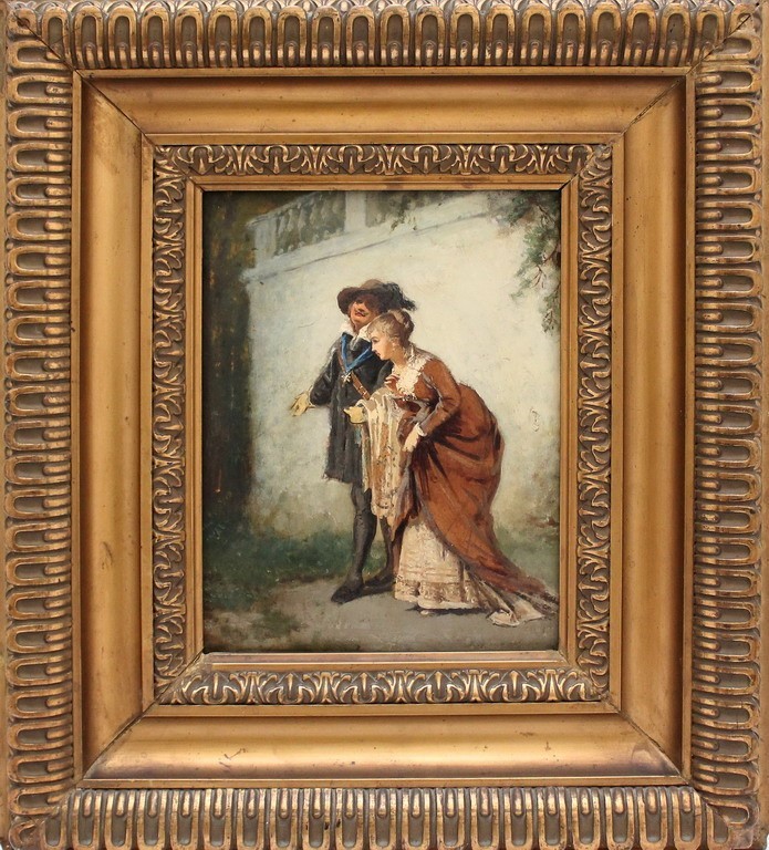 Dama e cavaliere, olio su cartoncino cm. 24x34 attr. Roberto Fontana 1844-1907 cornice coeva