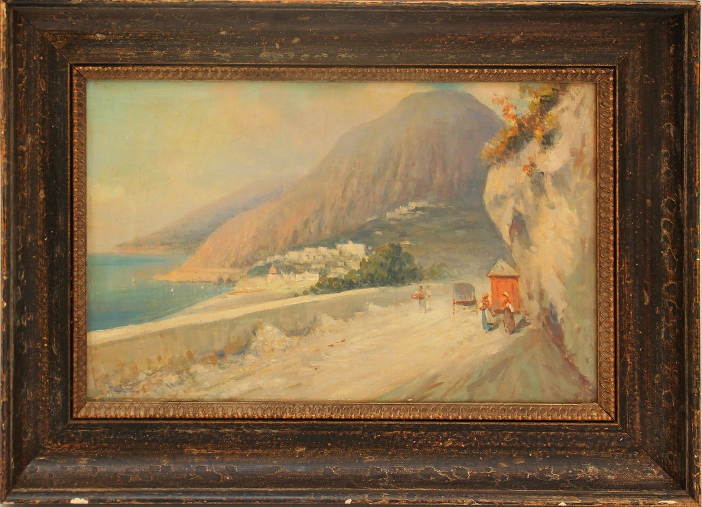 Lago di garda, olio su tavoletta, firmato in basso a sinistra cm. 37x24 fine '800 cornice coeva