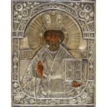 San Nicola, olio su tavola con riza in argento, cm. 17x22