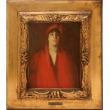 La donna in rosso, olio su cartoncino telato, attribuibile ad Antonio Ambrogio Alciati 1878-1929 cm.