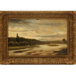 Paesaggio fluviale, olio su tavoletta, Fred Hines 1879, cm. 42x25, cornice coeva
