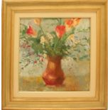 Vaso con fiori, olio spatolato su compensato, firmato Bresciani da Gazoldo 1932?, cm. 40x40, senza