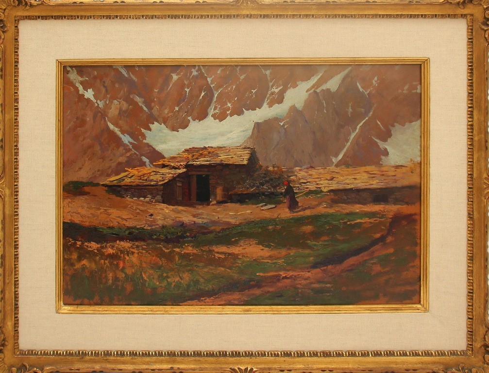 Paesaggio di montagna con case e figura, olio su faesite cm. 49x32