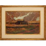 Paesaggio di montagna con case e figura, olio su faesite cm. 49x32