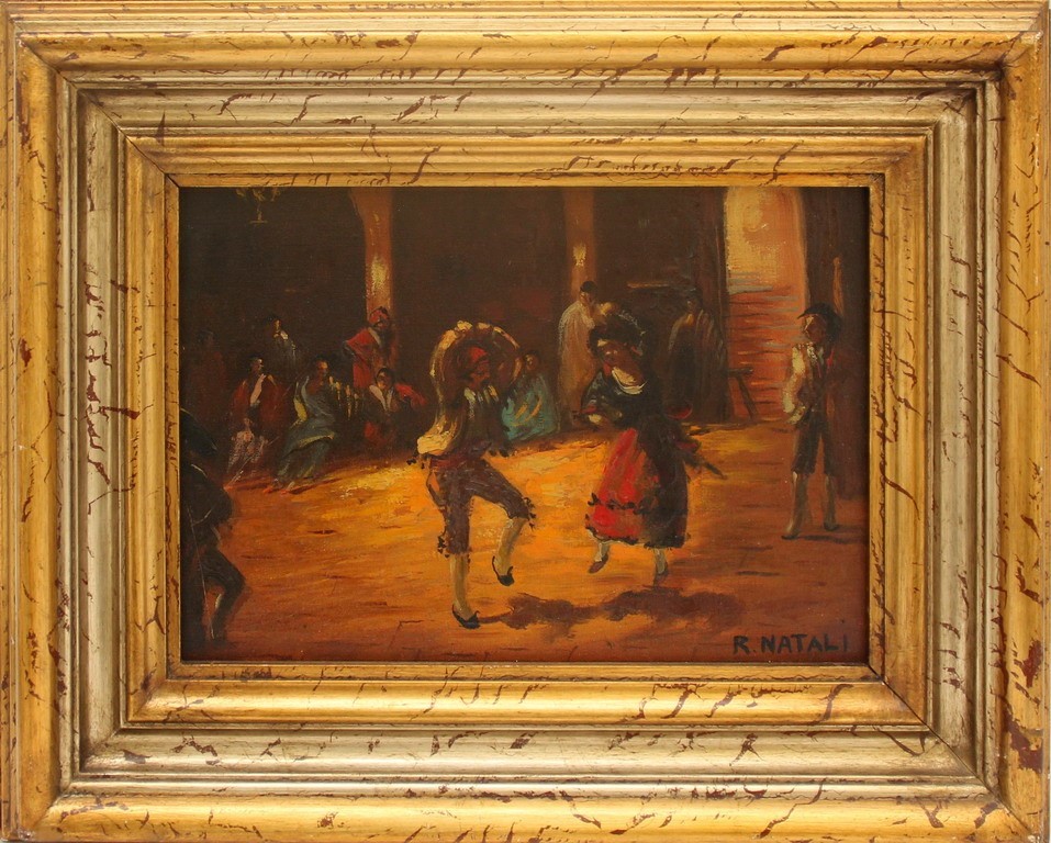 Tarantella, olio su faesite, con scritta R. Natali? cm. 33x24