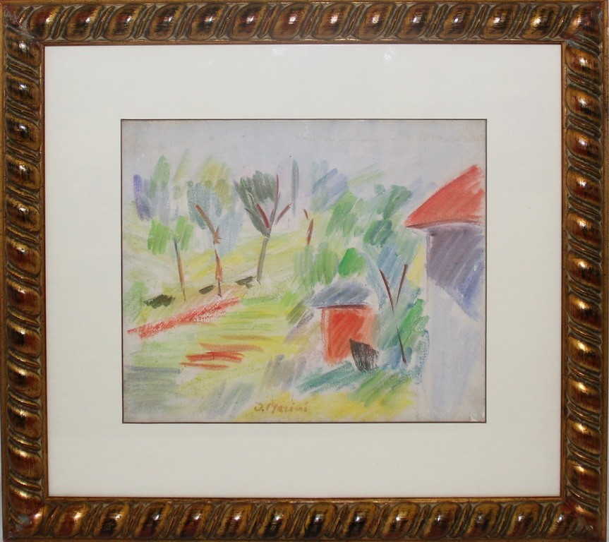 Paesaggio con case e piante, tempera su cartoncino telato, cm. 30x24