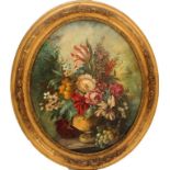 Natura morta con fiori e uva, olio su tela, Scuola Inglese, cm. 43x51, cornice coeva